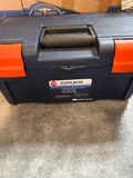 20-inch blue toolbox with orange latches and assorted hardware - thumbnail 1 of 3