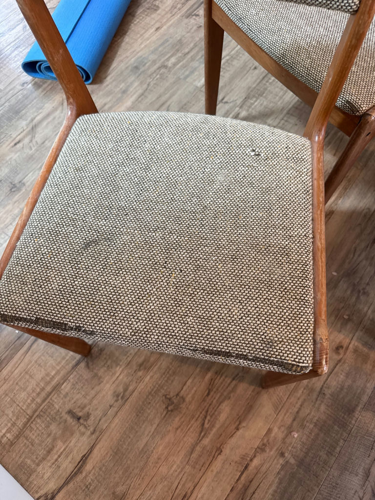 Round wooden dining table with upholstered chairs - image 3 of 8