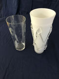 Two glass vases: etched floral clear vase and frosted white vase with clear geometric accents - thumbnail 1 of 3