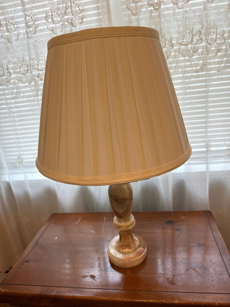 Table lamp with marble base and beige pleated shade - image 1 of 3