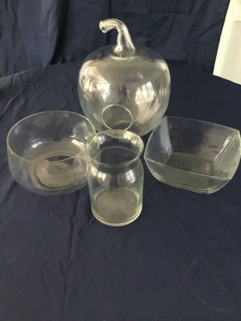 Clear glassware set: apple-shaped container, bowls, jar, and dish - image 1 of 2