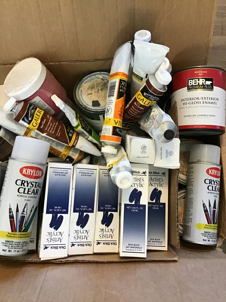 Assorted paint supplies including acrylics and spray paints - BOX IS HEAVY - image 3 of 3