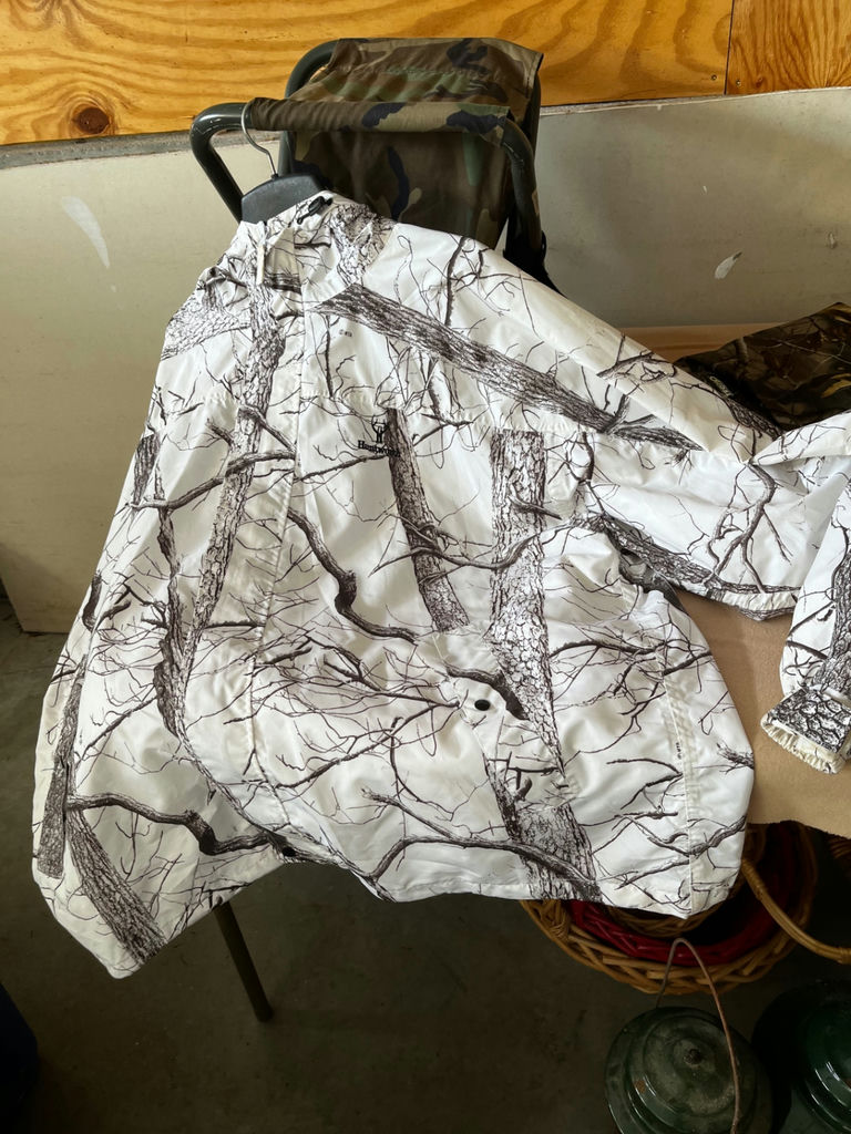 Camouflage jacket (Huntworth and GS Guide Series) and camo pant with. Small folding chair - image 1 of 6