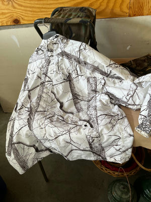 Camouflage jacket (Huntworth and GS Guide Series) and camo pant with. Small folding chair - Image 1 of 6