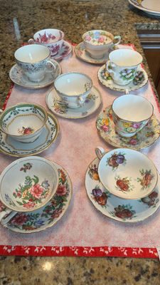 Mismatched Tea Service Set. Teapots + Vintage English Fine Bone China Teacup & Saucer Sets - Includes Shelley "Wild Flowers" - Image 1 of 19