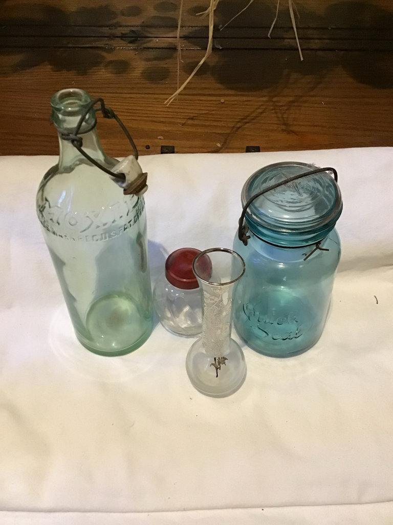 Boyd's Bears & Friends figurines with antique glass bottles and vase - image 3 of 5