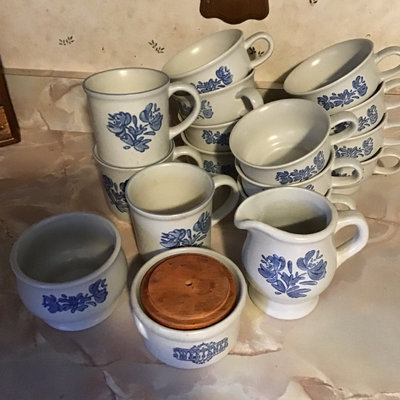 Blue Floral Ceramic Tea Set with Mugs, Creamer, and Sugar Bowl - Image 1 of 3