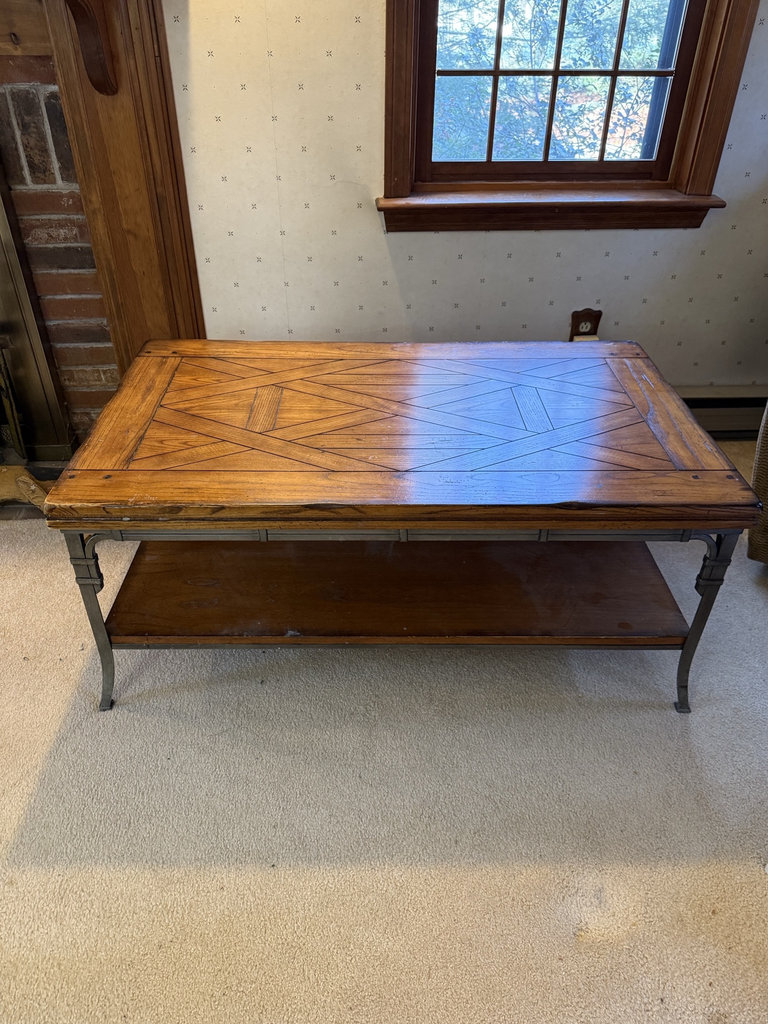 Wooden coffee table with geometric inlay and metal legs - image 1 of 7