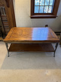 Wooden coffee table with geometric inlay and metal legs - thumbnail 1 of 7