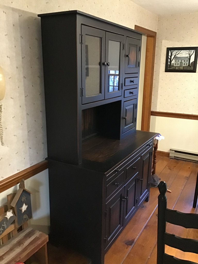 Tall black hutch cabinet with glass-front upper section - image 2 of 4