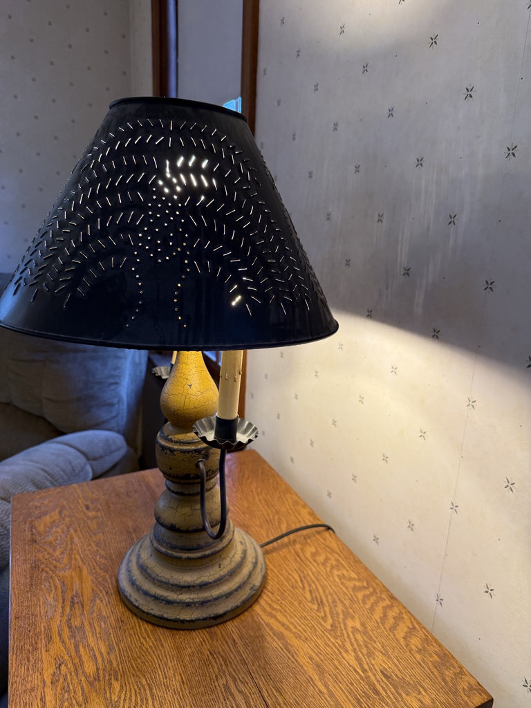Vintage three-bulb table lamp with crackled yellow finish and perforated shade - image 6 of 10