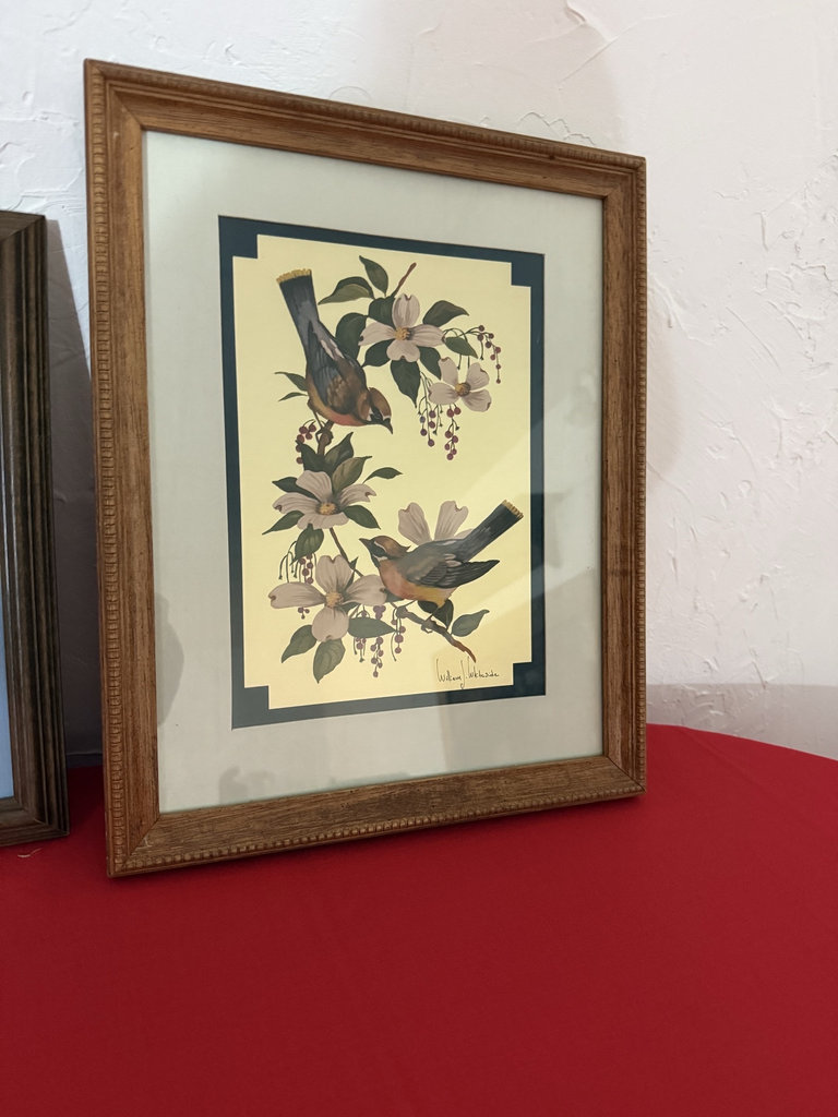 Framed winter village scene and bird-and-flower print - image 2 of 9