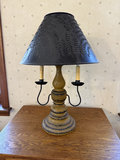 Vintage three-bulb table lamp with crackled yellow finish and perforated shade - thumbnail 1 of 10