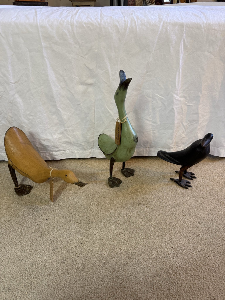 Three wooden bird sculptures: two ducks and a raven - image 1 of 11
