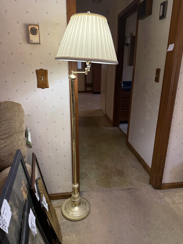 Standing brass floor lamp with pleated lampshade - image 1 of 6