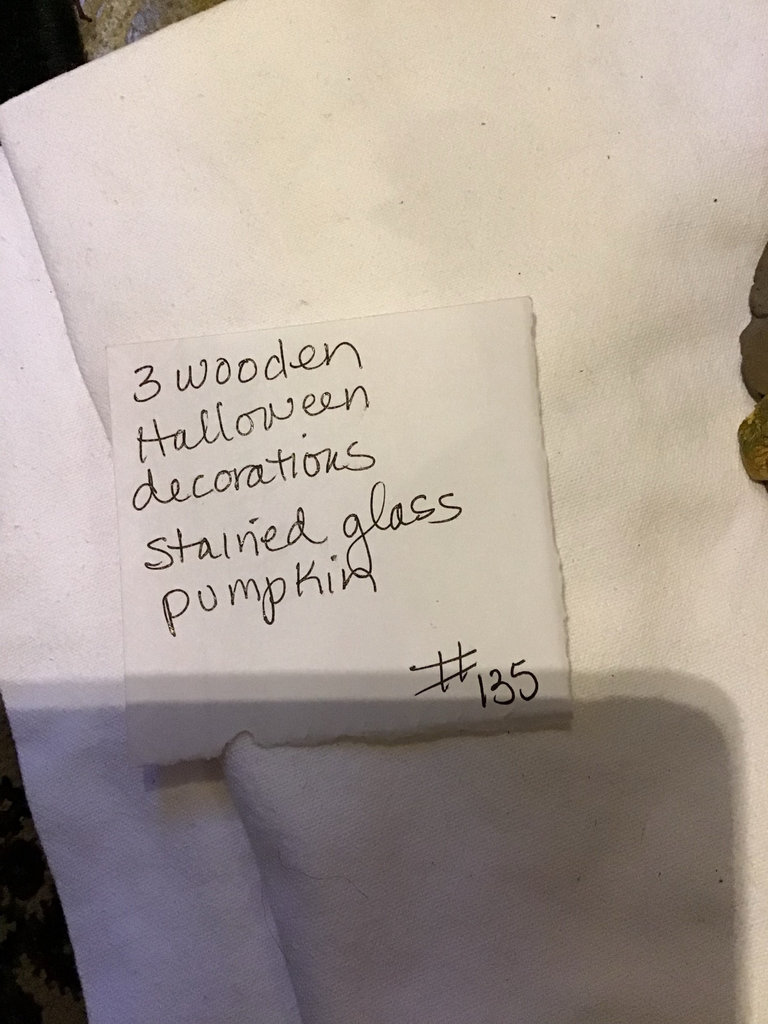 Three wooden Halloween decorations and a stained glass pumpkin - image 2 of 3
