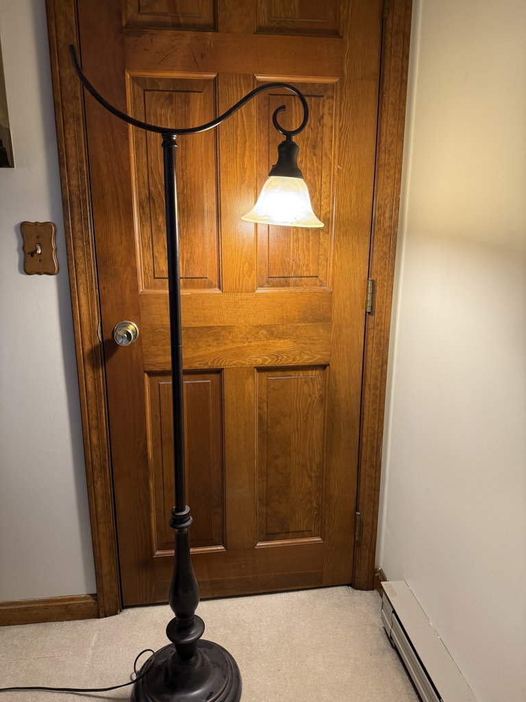 Curved-arm floor lamp with frosted glass shade - image 2 of 5