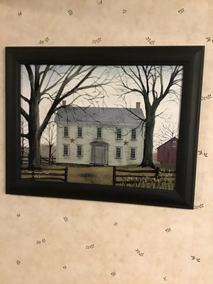 Framed landscape painting with a white house and a numbered label - Image 1 of 2