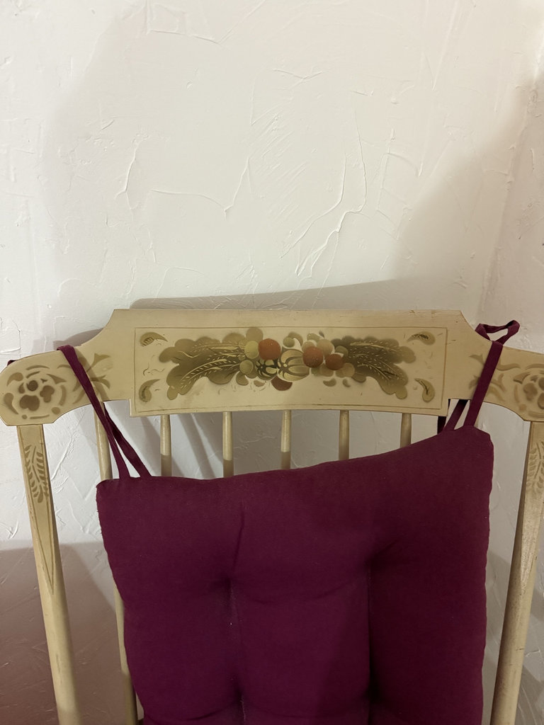 Vintage wooden rocking chair with purple tufted cushion - image 4 of 7