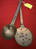 Floral ceramic oil lamp with pink chimney and two long-handled metal kitchen utensils - thumbnail 4 of 6