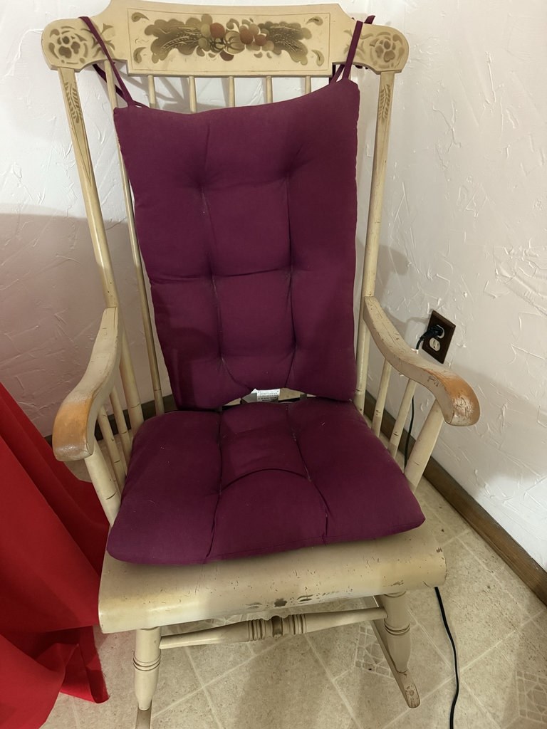 Vintage wooden rocking chair with purple tufted cushion - image 1 of 7
