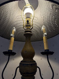 Vintage three-bulb table lamp with crackled yellow finish and perforated shade - thumbnail 3 of 10