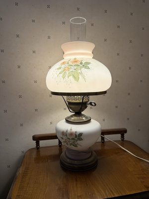 Vintage Hurricane Lamp with Pink Rose Motif - Image 1 of 8