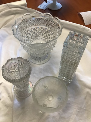 Vintage glassware set: pedestal compote, two vases, candy dish, and fruit bowl - Image 1 of 3
