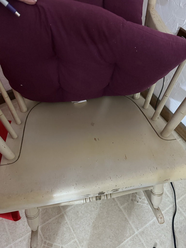 Vintage wooden rocking chair with purple tufted cushion - image 2 of 7