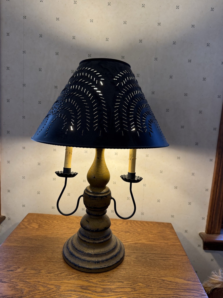 Vintage three-bulb table lamp with crackled yellow finish and perforated shade - image 5 of 10