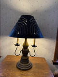 Vintage three-bulb table lamp with crackled yellow finish and perforated shade - thumbnail 5 of 10