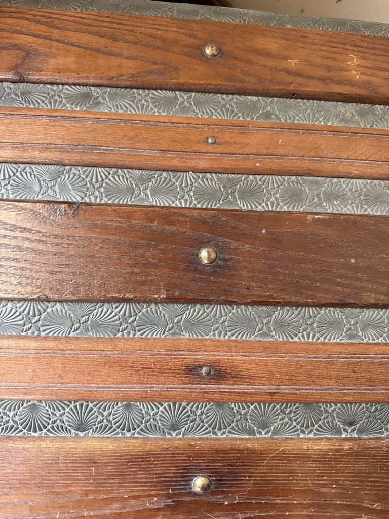 Antique wooden steamer trunk with embossed metal panels - image 3 of 7