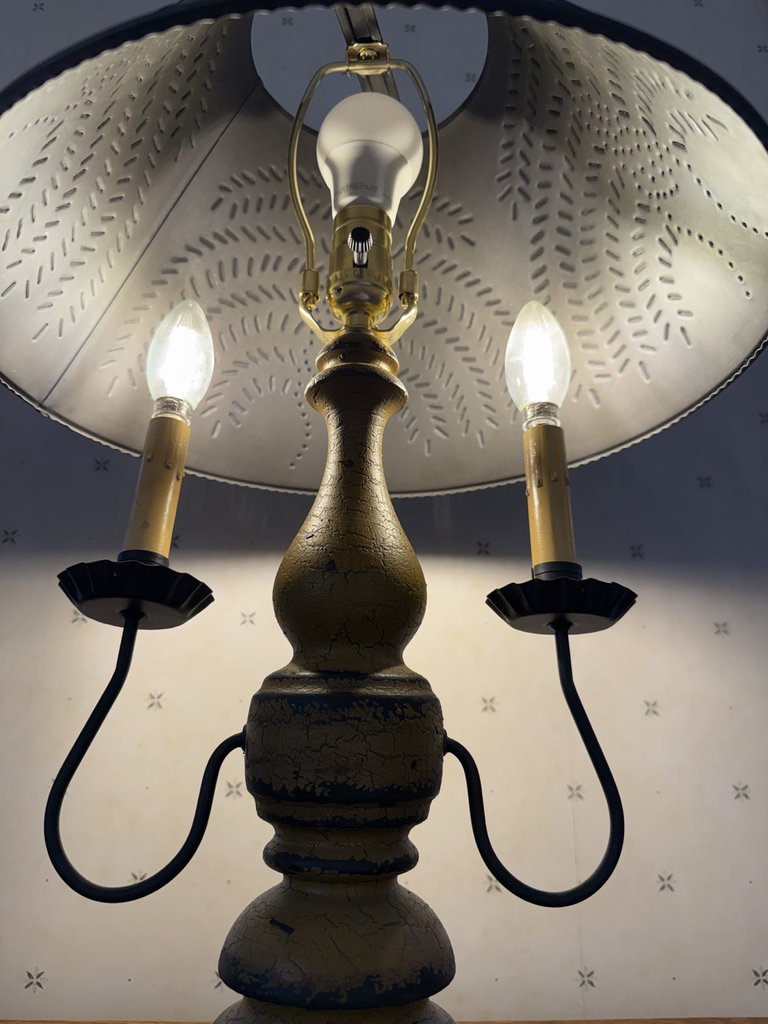Vintage three-bulb table lamp with crackled yellow finish and perforated shade - image 2 of 10