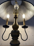 Vintage three-bulb table lamp with crackled yellow finish and perforated shade - thumbnail 2 of 10
