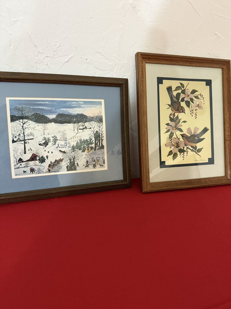 Framed winter village scene and bird-and-flower print - image 1 of 9