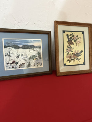 Framed winter village scene and bird-and-flower print - Image 1 of 9