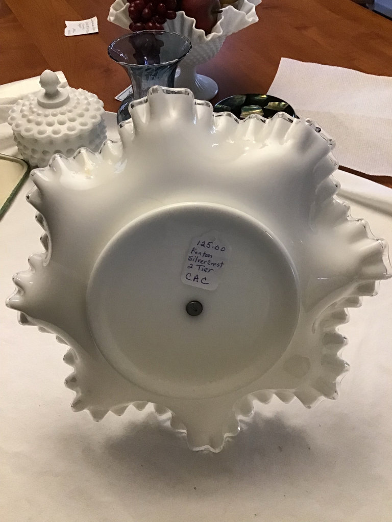 Two-tier ruffled-edge white compote on metal stand - image 2 of 3