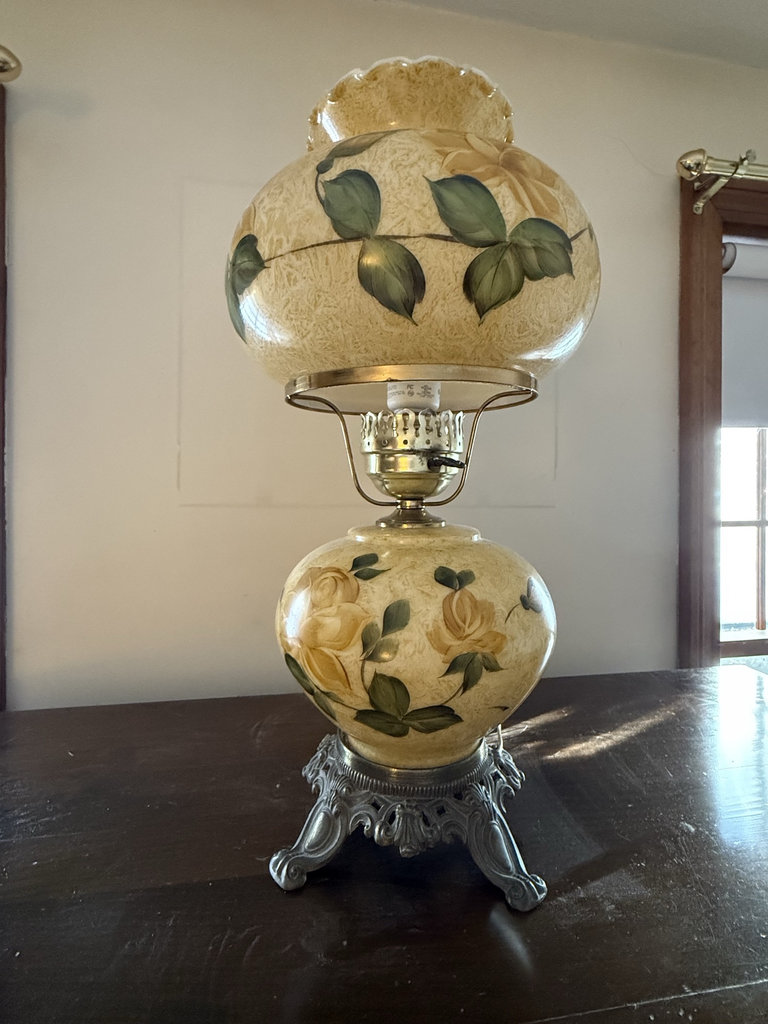 Floral ceramic table lamp with ornate metal base - image 1 of 4
