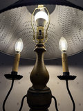Vintage three-bulb table lamp with crackled yellow finish and perforated shade - thumbnail 4 of 10