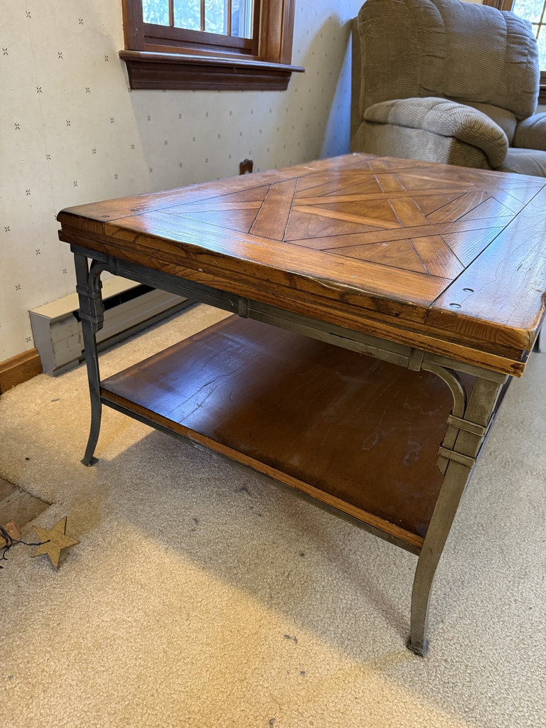 Wooden coffee table with geometric inlay and metal legs - image 3 of 7