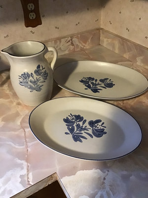 Blue and White Ceramic Pitcher with Two Oval Serving Plates - Image 1 of 3
