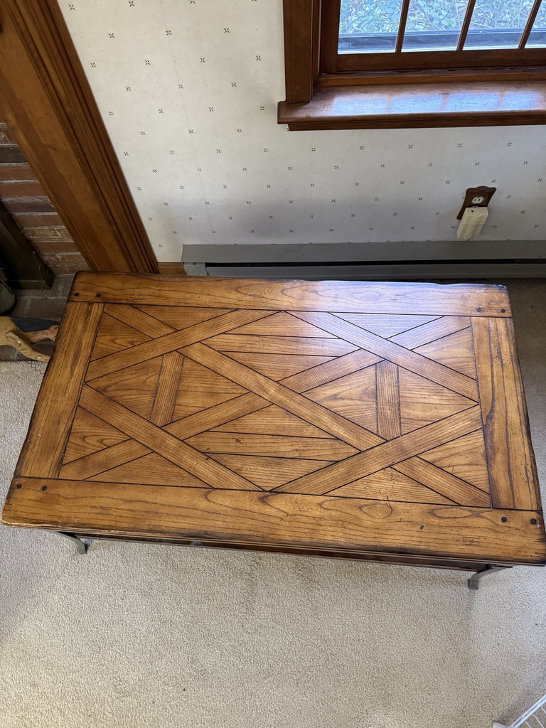 Wooden coffee table with geometric inlay and metal legs - image 5 of 7
