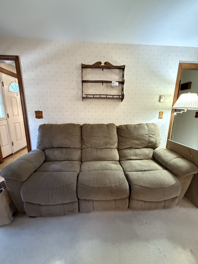 La-Z-Boy motion upholstery sofa with shelf and accessories - image 1 of 8