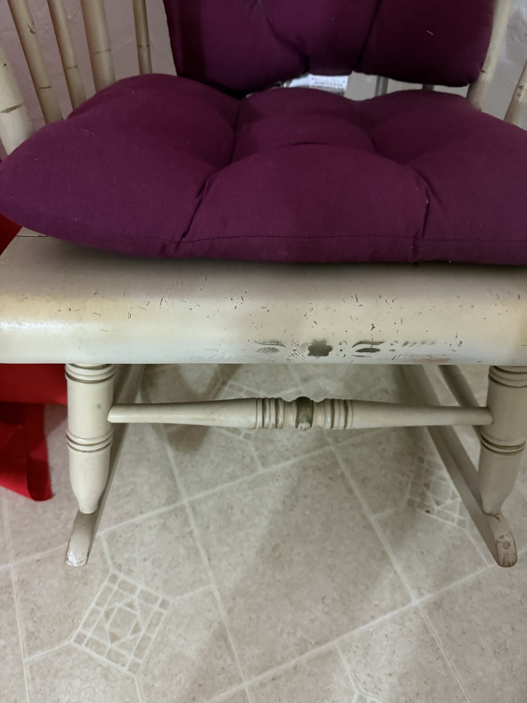 Vintage wooden rocking chair with purple tufted cushion - image 3 of 7