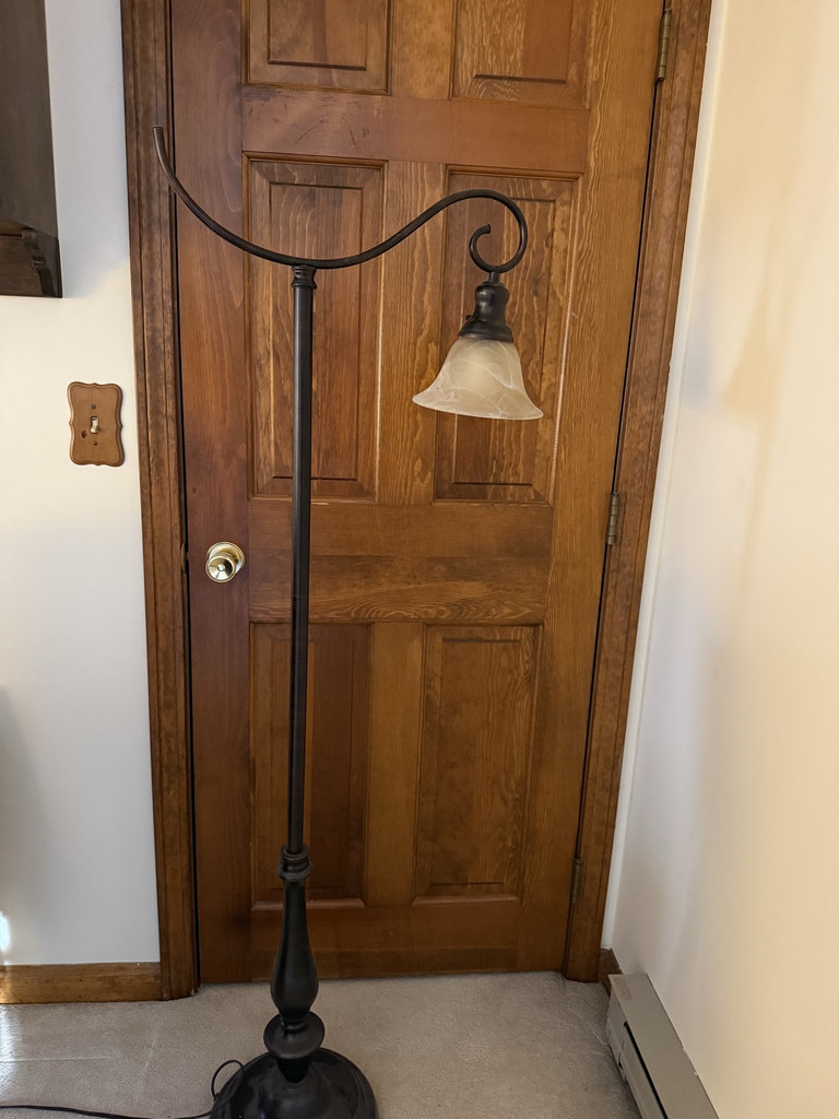 Curved-arm floor lamp with frosted glass shade - image 1 of 5