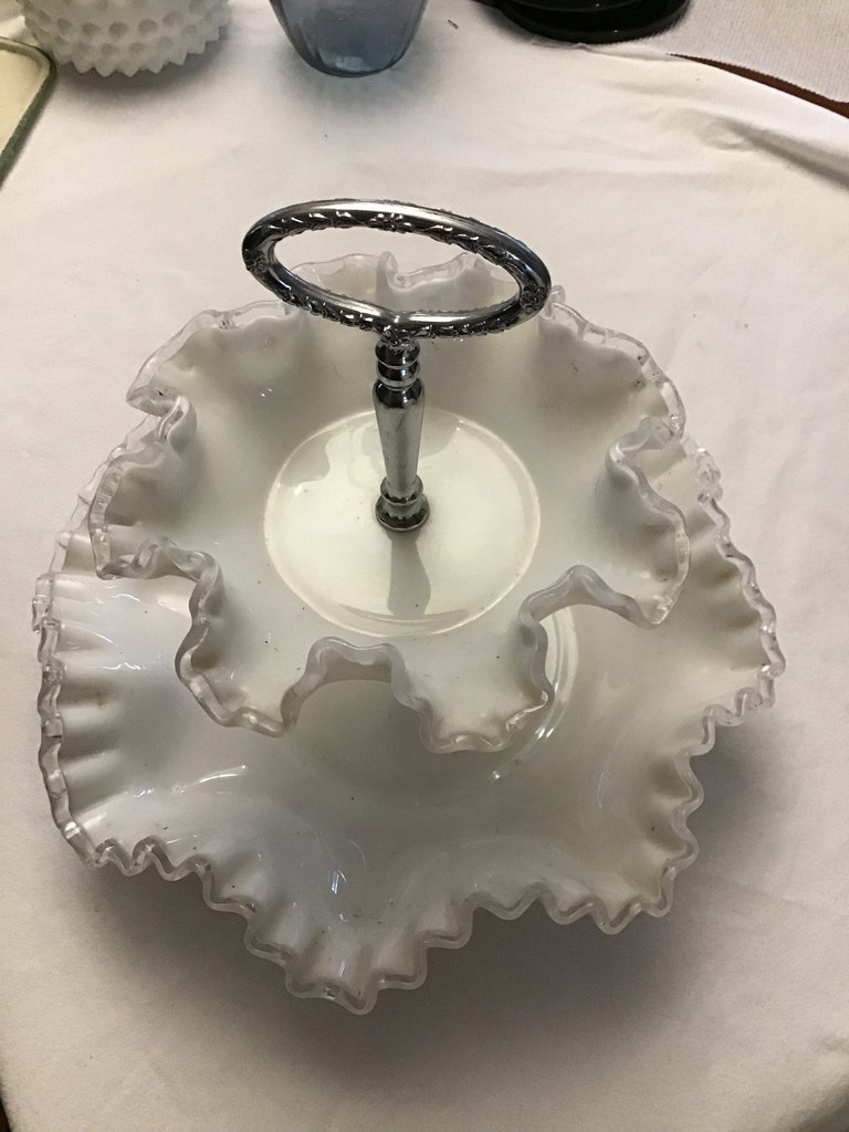 Two-tier ruffled-edge white compote on metal stand - image 1 of 3