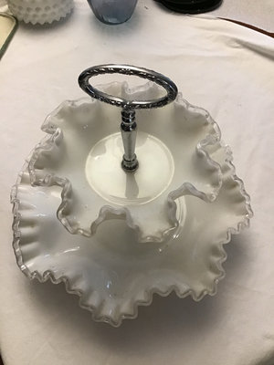 Two-tier ruffled-edge white compote on metal stand - Image 1 of 3