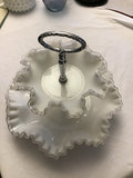 Two-tier ruffled-edge white compote on metal stand - thumbnail 1 of 3