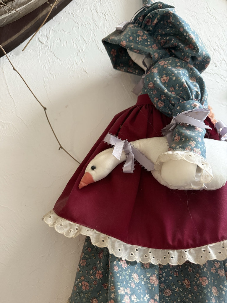 Heart-shaped wooden plaque with twine wreath and decorative fabric doll on a straw broom - image 2 of 5