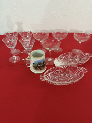 Crystal glassware set with etched goblets and a train mug - Image 1 of 7